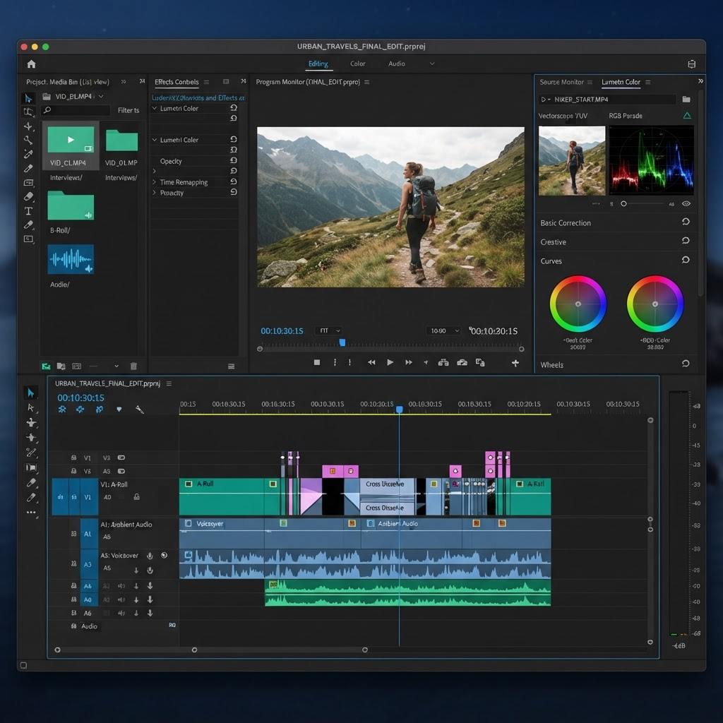 Interface do Adobe Premiere Pro com timeline, monitor de programa e painel de correção de cor Lumetri